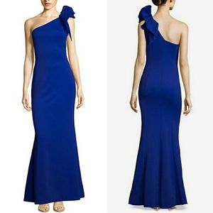 Betsy & Adam Cobalt Blue One-shoulder Ruffled Scuba Gown Dress
